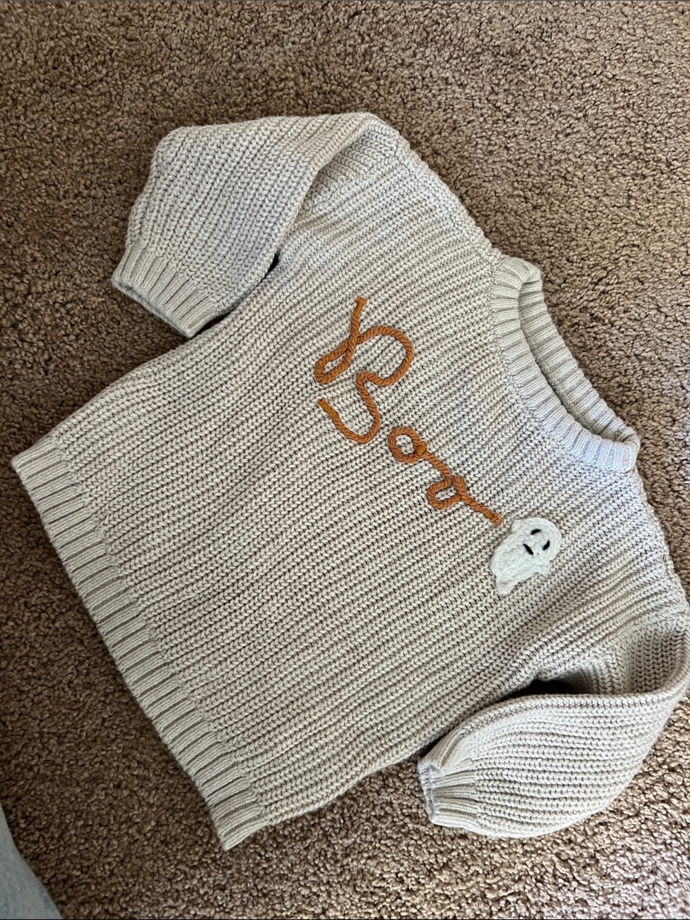 Old Navy Cream Knit Sweater with Orange 'Boo' Script and Ghost Applique